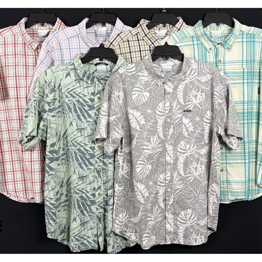 Lot Of 6 Columbia Short Sleeve Button Up Shirts Plaid'  And AOP's  Men's Large